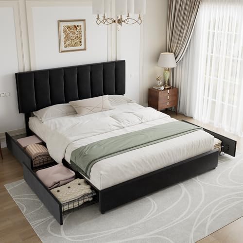 VECELO King Size Bed Frame with 4 Storage Drawers, Adjustable Height Headboard, Heavy-Duty Bedframe with Strong Wooden Slats, No Box Spring Needed, Black