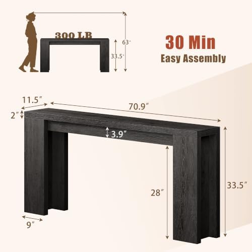 karlott 70.9" Extra Long Console Table, Farmhouse Entryway Table, Black
