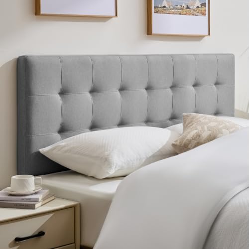 Linen Stitched Tufted Queen Headboard, Adjustable Height 37.2-46 in, Gray