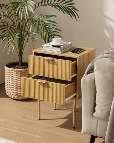 Aienvey Nightstand with 2 Drawers, Oak Stripe Night Stand and Gold Frame