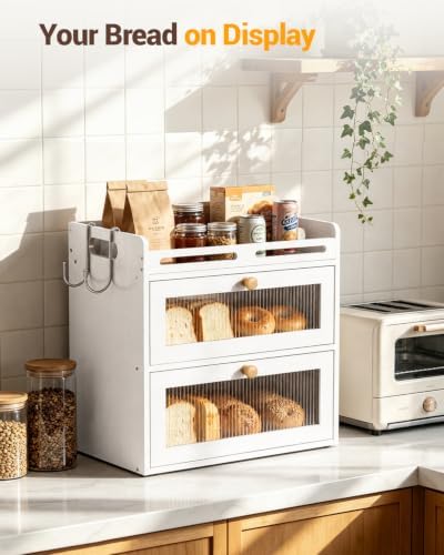 Bread Box for Kitchen Countertop, 2-Tier Bamboo Storage with Raised Shelf