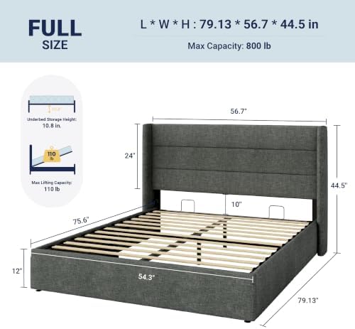 Allewie Full Size Lift Up Hydraulic Storage Bed Frame Dark Grey