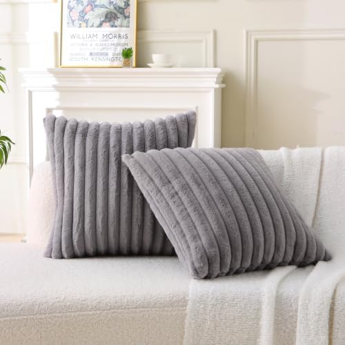 Decorative Throw Pillow with Inserts, Set of 2 Soft Faux Fur Throw Pillows, Square Boho Striped Pillow for Couch, Bed, Sofa Decor (Gray, 20" x 20"(Pack of 2))