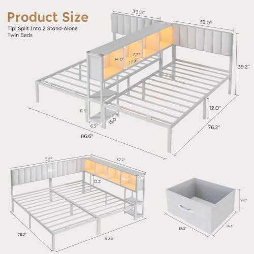 Twin Beds for 2 Kids with Storage Bookcase Divider,Charging Station and LED