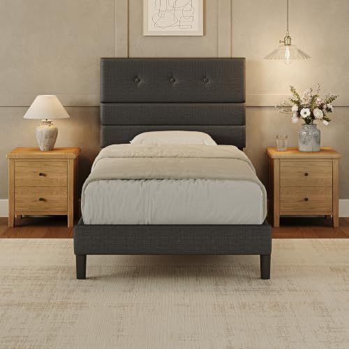 GRUSIGN Twin Size Bed Frame with Linen Fabric Headboard, Adjustable Height Upholstered Platform Bed Frame with Wooden Slats, Easy Assembly, Black