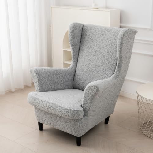 HZDHCLH Wingback Chair Slipcovers 2 Piece Stretch Spandex Chair Covers Washable Armchair Protector with Elastic Fit for Living Room Bedroom Light Gray Embossed Leaf Pattern