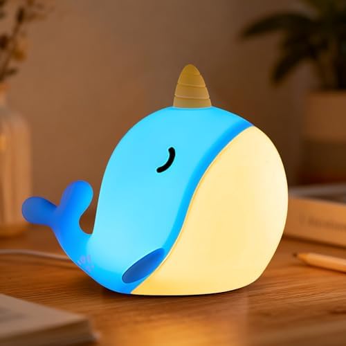 Cute Narwhal Night Light, Tap Control with 3 Warm White Brightness, USB Kids Bed Lamp with 30-Minute Timer, Soft Silicone Glow for Nursery, Birthday Gift, Blue