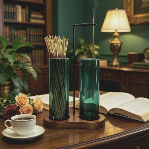 Emerald Green Incense Holder, Incense Sticks Burner Holder with Storage,Hang Upside Down Incense Holder for Sticks with Glass Ash Catcher for Room Decor (Dark Emerald)