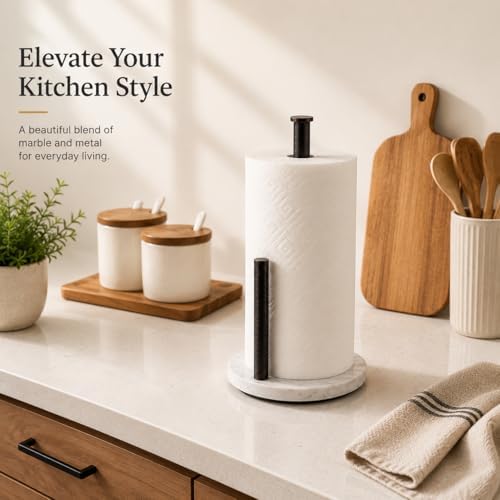 Oil Rubbed Bronze Paper Towel Holder for Kitchen Countertop, 304 Stainless Steel Roll Dispenser with White Engineered Marble Weighted Base, Freestanding Paper Towel Stand for Standard Rolls