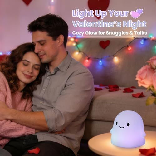 Color Changing Ghost Night Light for Kids, Cute Squishy Silicone Ghost Lamp, 50-Hour Rechargeable Bedside Lamp with Tap Control, Room Decor, Halloween Gifts