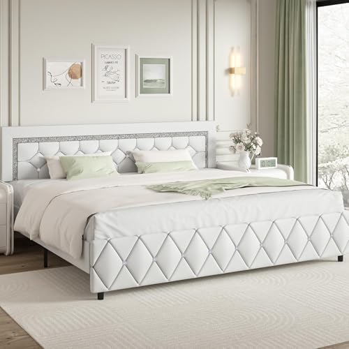 BarnFurin King Size Bed Frame with Headboard, Faux Leather Upholstered Bed