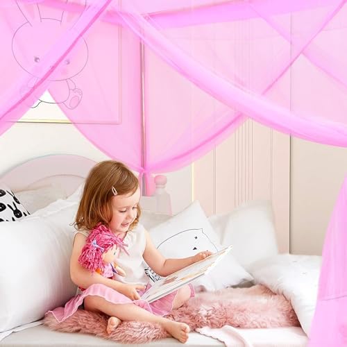 South to East Twin Canopy Bed Curtains for Girls, Pink Bed Canopy