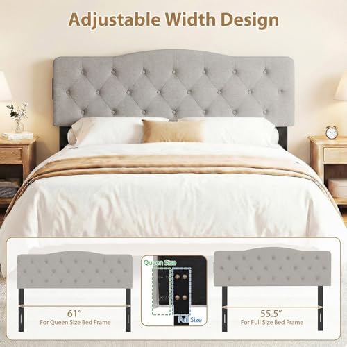 GIANTEX Headboard with Charging Station, Queen/Full Size Button Tufted Upholstered Head Board w/2 AC Outlets, USB & Type-C Ports, Rubber Wood Legs, Width Adjustable Modern Bed Headboard Only (Grey)
