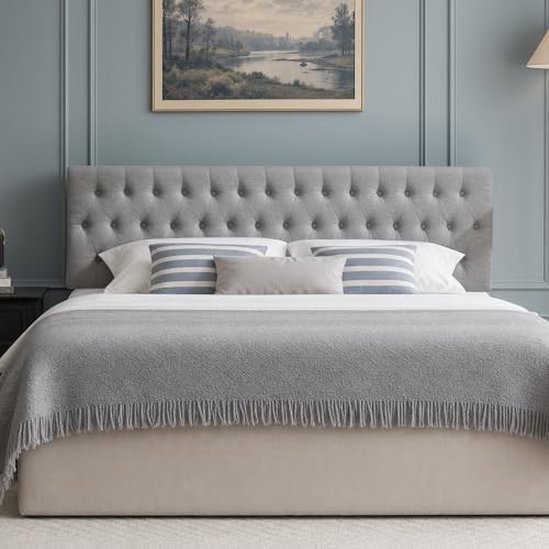 Kingfun Tufted Upholstered Full Size Bed Headboard in Modern Button Design, Adjustable Solid Wood Head Board, Premium Linen Fabric Padded Headboards in Bedroom (Grey)
