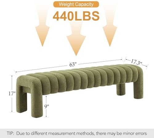 63" Boucle Bed Bench, Cute Upholstered Channel Tufted Bench for Entryway, Accent Window Seat for Living Room, Modern Minimalist Ottoman Foot Stool, Linen Green