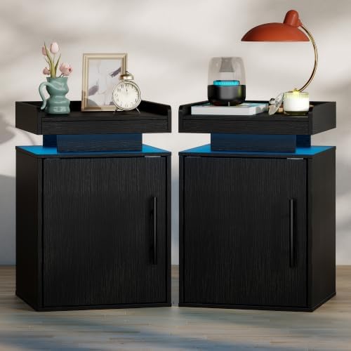 Baoz Black Nightstands Set of 2 with Door,Led Modern Bedside Table