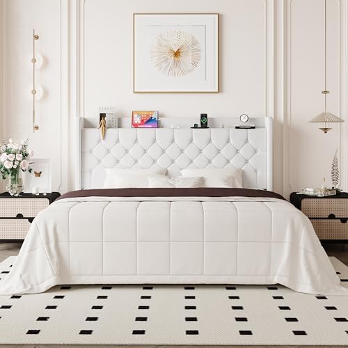 Allewie King Size Bed Frame, Storage Headboard & Charging Station, White