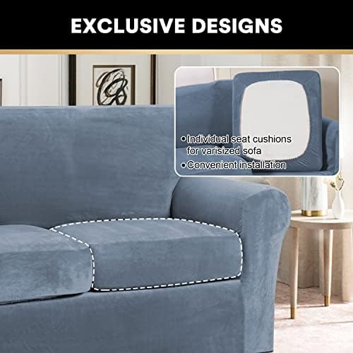 PrinceDeco Velvet XL Couch Cover for Oversized Sofa 4 Piece Sofa Covers for 3 Cushion Couch Washable Furniture Protector with Non Slip Elastic Bottom Width Up to 97 Inch(X-Large, Stone Blue)