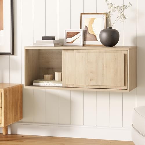 Floating TV Stand Set of 2, 30" Multi-Purpose Modern TV Display Shelf Console Entertainment Center Cabinet with Sliding Doors for Bedroom Living Room Entryway, Light Oak