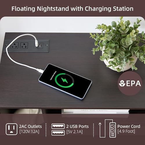 BuildHom Floating Nightstand Set of 2 with Charging Station, Espresso