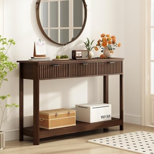 RUSTOWN Fluted Wood Console Table with 3 Drawers, 47.2" Boho Entryway Table