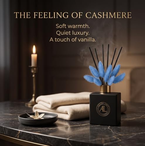 Black Reed Diffuser Sticks in Oil Set with Cashmere Vanilla Scent | Long-Lasting Reed Diffusers for Home, Office & Bedroom Decor Fragrance Diffuser | BunnyTail Blue Dried Flowers | (5 oz)