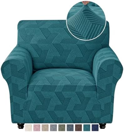 JIVINER Stretch Chair Covers, 1 Piece Couch Covers for Living Room, Non Slip Soft Sofa Covers, Washable Armchair Slipcovers for Dog, Pets Feature Geometrical Jacquard Fabric (Chair, Peacock Blue)