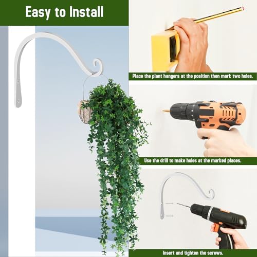 FEED GARDEN Heavy Duty Plant Hooks - 2 Pack 8 Inch Wall Mounted Hanging Brackets, 44lb Capacity Steel Plant Hangers for Bird Feeders, Baskets, Wind Chimes Outdoor Indoor- White