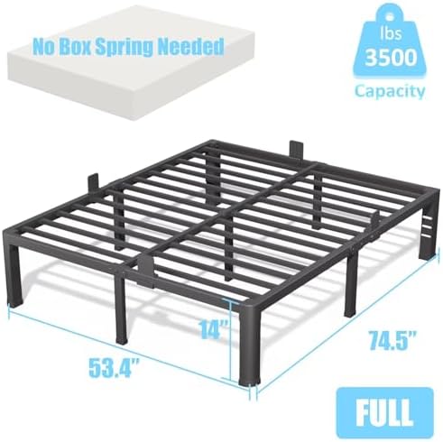 14 Inch Full Bed Frame with Rounded Corner and Headboard Hole Mattress Retainers 3500 LBS Metal Heavy Duty Steel Slats Support No Box Spring Needed Platform Noise Free Easy Assembly