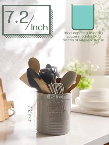 DOWAN 7.2" Large Ceramic Utensil Holder for Kitchen Counter, Grey