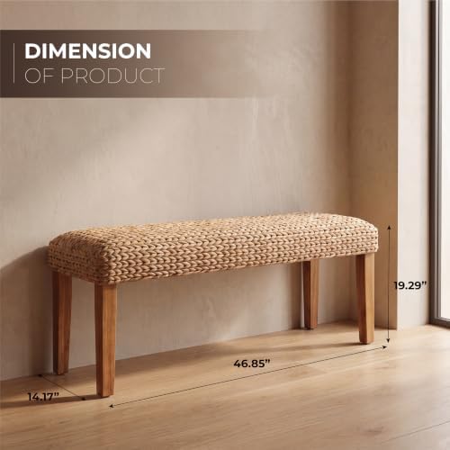 Solid Wood Acacia Indoor Bench, 47 Inch Water Hyacinth Seat, Fishbone Style
