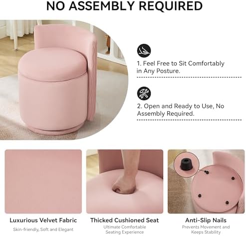 WUTUTUEE Velvet Vanity Chair with Storage, 360° Swivel Makeup Chair with Wave Back, No Assembly Small Accent Stool for Bedroom, Dressing, Living Room, Pink