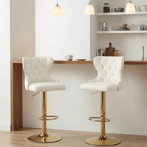 Set of 2 Adjustable Swivel Bar Stools,Faux Leather Upholstered Counter Height Chairs with Nailhead Trim, Gold Footrest, and High Back for Kitchen Island, Home Bar, Dining Room, Cafe,White