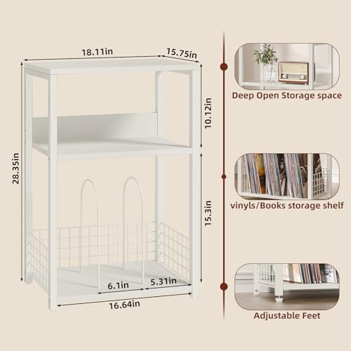 LELELINKY Large White Record Player Stand, 3 Tier 18" Wide Big End Table with Vinyl Storage Up to 130 Albums, Industrial Turntable Printer Tables, Modern Side Tables for Living Room, Bedroom, Office