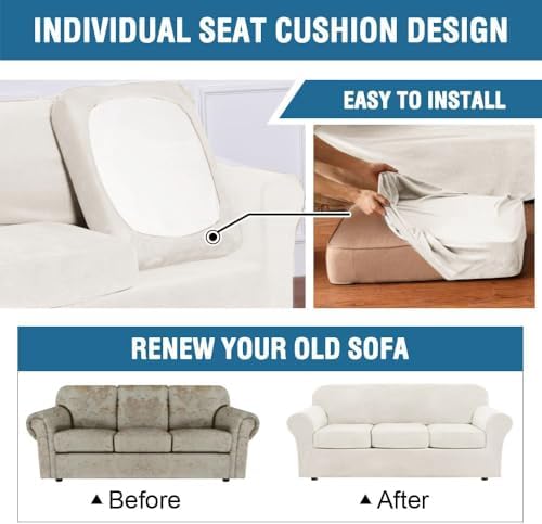 H.VERSAILTEX Real Velvet Plush 3 Piece Stretch Sofa Covers Couch Covers for 2 Cushion Couch Loveseat Covers Width Up to 72 Inch Feature Thick Soft Stay in Place (Medium Sofa, Porcelain White)