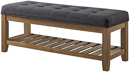 24KF Large Rectangular Upholstered Tufted Linen Fabric Ottoman Bench, Padded Bench with Solid Wood Shelf-Charcoal