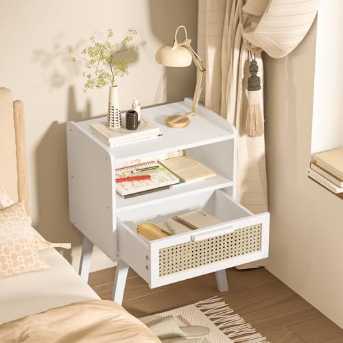 Lerliuo Rattan Nightstand, Bedside Table with Drawer Open Shelf
