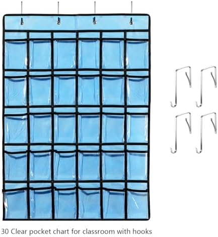 KEEPJOY Classroom Pocket Chart for Cellphone Calculator Holder, 30 Clear Pocket Charts for Classroom 33.5 x 24.5 inch Hanging cell phone Organizer Storage (Blue-30 pockets)