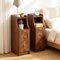 Ultra Narrow Nightstand Set of 2, Slim Bedside Table with Charging Station, 2 Drawers & Open Shelf, Mid-Century Modern End Table with Fenced Top for Living Room Bedroom (Walnut, 2)