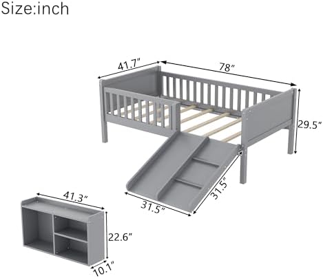 SOFTSEA Twin Size Low Loft Bed with Slide, Wood Loft Bed Frame with Storage Shelves and Guardrails for Kids, Gray