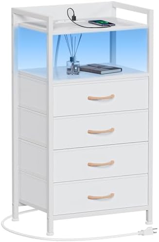 Furnulem White Nightstand with Charging Station,Small Dresser for Bedroom