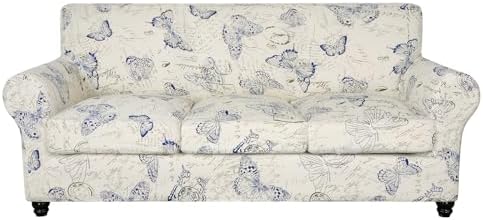 SearchI Stretch Sofa Cover Printed Couch Cover, Floral Pattern 4 Pieces Sofa Slipcover with 3 Separate Cushion Cover, Washable Furniture Protector for Living Room(Sofa, Butterfly Pattern)