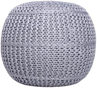 BIRDROCK HOME Round Pouf Foot Stool Ottoman - Knit Bean Bag Floor Chair - Cotton Braided Cord - Great for The Living Room, Bedroom and Kids Room - Small Furniture (Soft Silver)