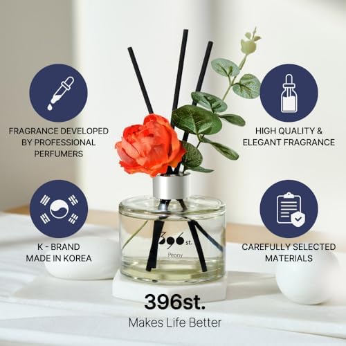 396 st. Peony Flower Reed Diffuser, Baby Powder, 200ml(6.7oz) / Reed Diffuser Sets, Home Fragrance, Scented Oils, Home & Bathroom Décor
