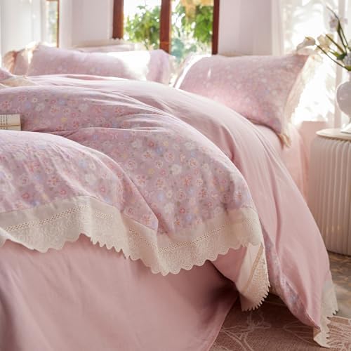 LifeTB Pink Floral Duvet Cover Twin XL, Muslin Cotton Romantic Ruffle Duvet Cover with 2 Pillowcases, Botanical Flower Soft Gauze Comforter Cover, Cottagecore Style Princess Lace Bedding Set