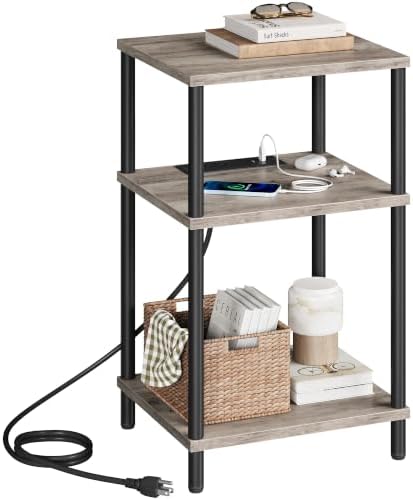 VASAGLE Side Table with Charging Station, 3-Tier Small Tall End Table