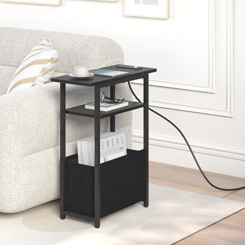 sthmec Narrow Side Table with Charging Station, Small End Table for Small Spaces, Skinny Nightstands with Storage Basket, 3 Tier Sofa Couch Bedside Tables for Living Room,Bedroom, Black