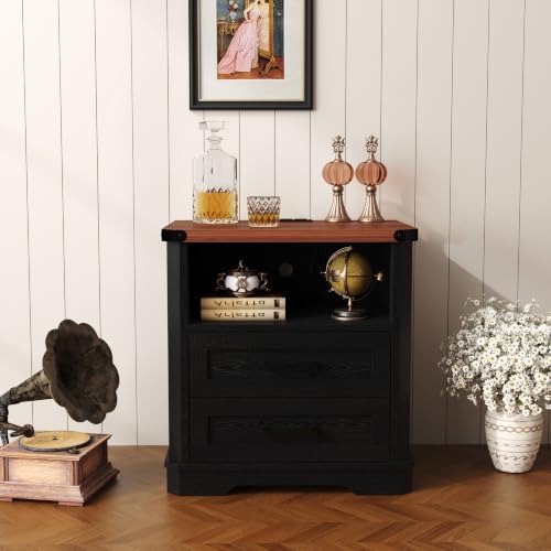 Yusong 23.62" Tall Farmhouse Nightstand, Rustic Wooden Night Stand with Charging Station, Beside Table with Drawers and Open Storage, End Tables for Bedroom, Black