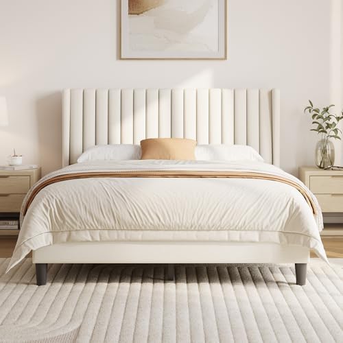 Yaheetech Queen Bed Frame with Headboard, Ivory Channel-Tufted Platform