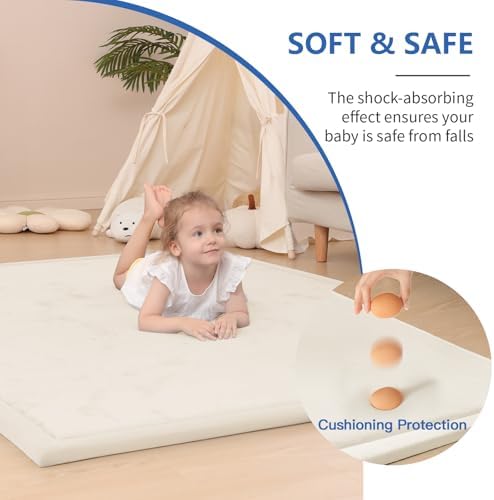 Huloo Sleep Ultra Soft Baby Play Mat for Floor, 1.3" Thick Elasti-Foam 59x59 Play Mat for Playpen,Water-Repellent Coral Velvet for Tummy Time, Non-Slip Backing,Safe for Toddlers & Infants（Cream）